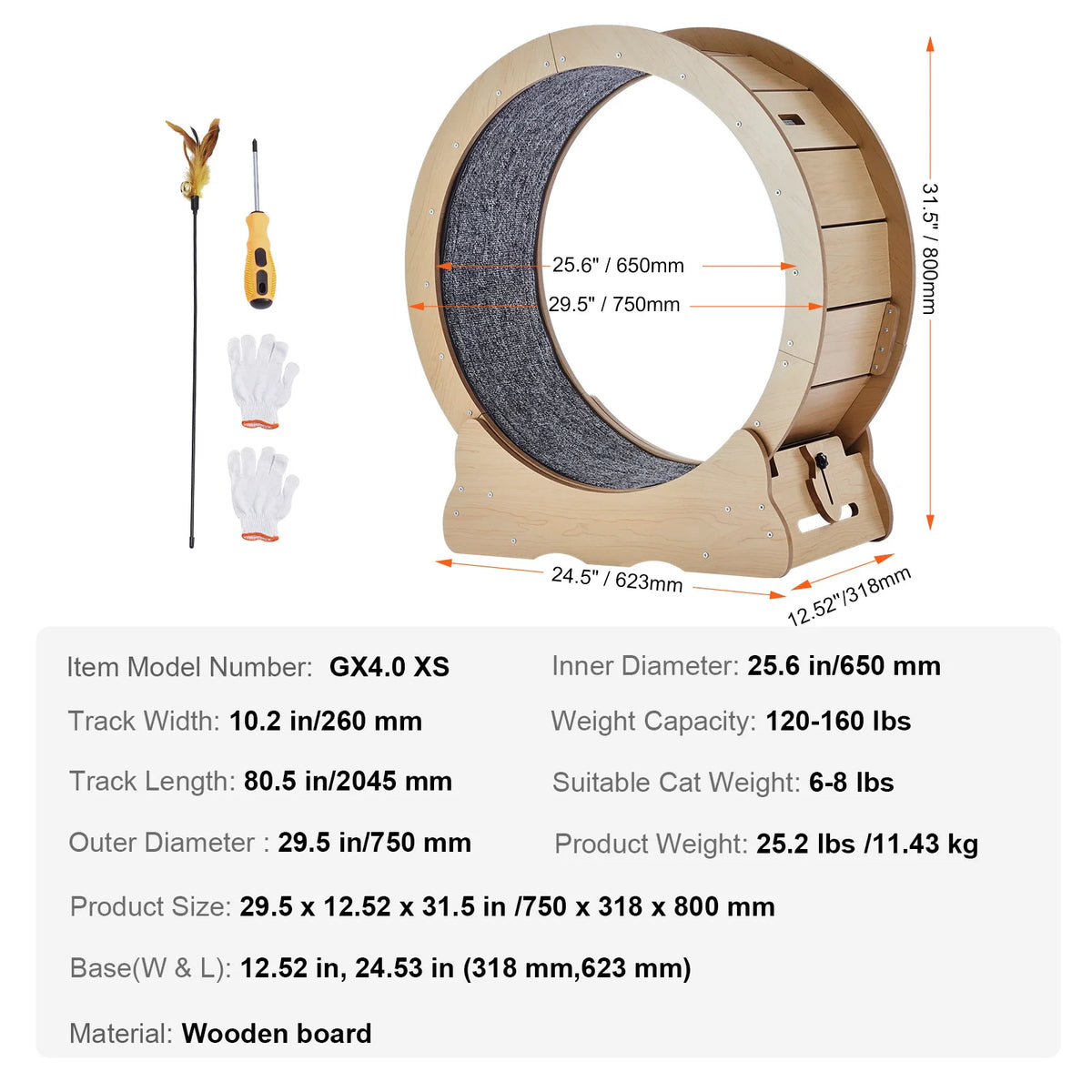 SucceBuy Wooden Cat Exercise Wheel with Detachable Carpet and Teaser
