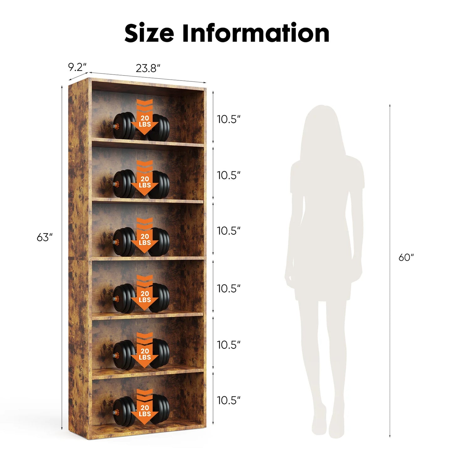 JHK 6 Tier Wooden Floor Standing Bookcase For Living Room