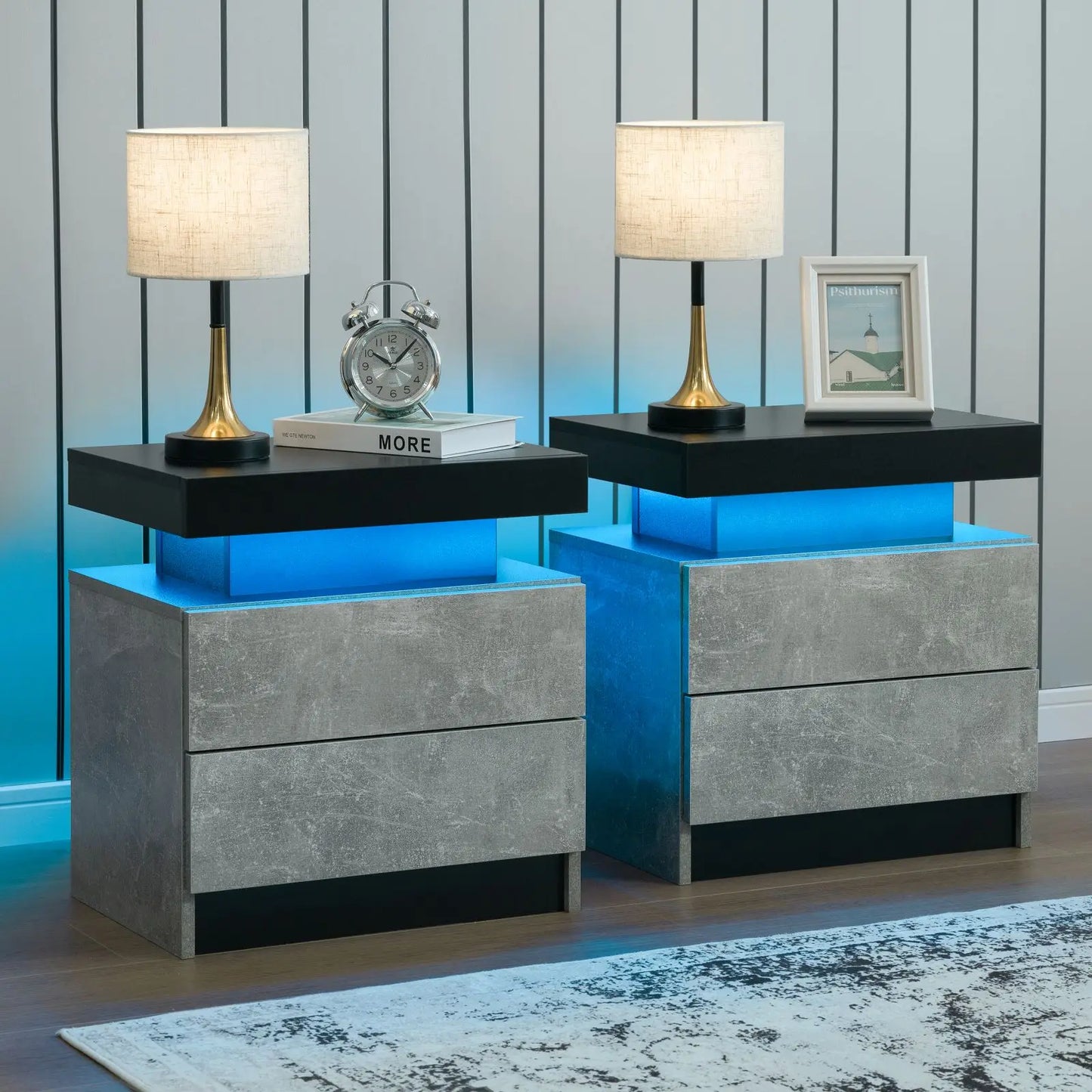 Cubehom Set Of 2 LED Nightstands With Drawers For Bedroom