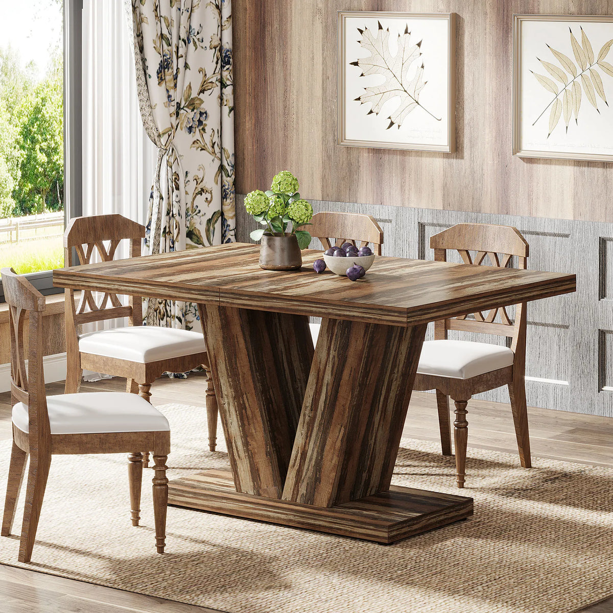 Tribesigns Wooden Farmhouse Dining Table With Heavy Duty Pedestal