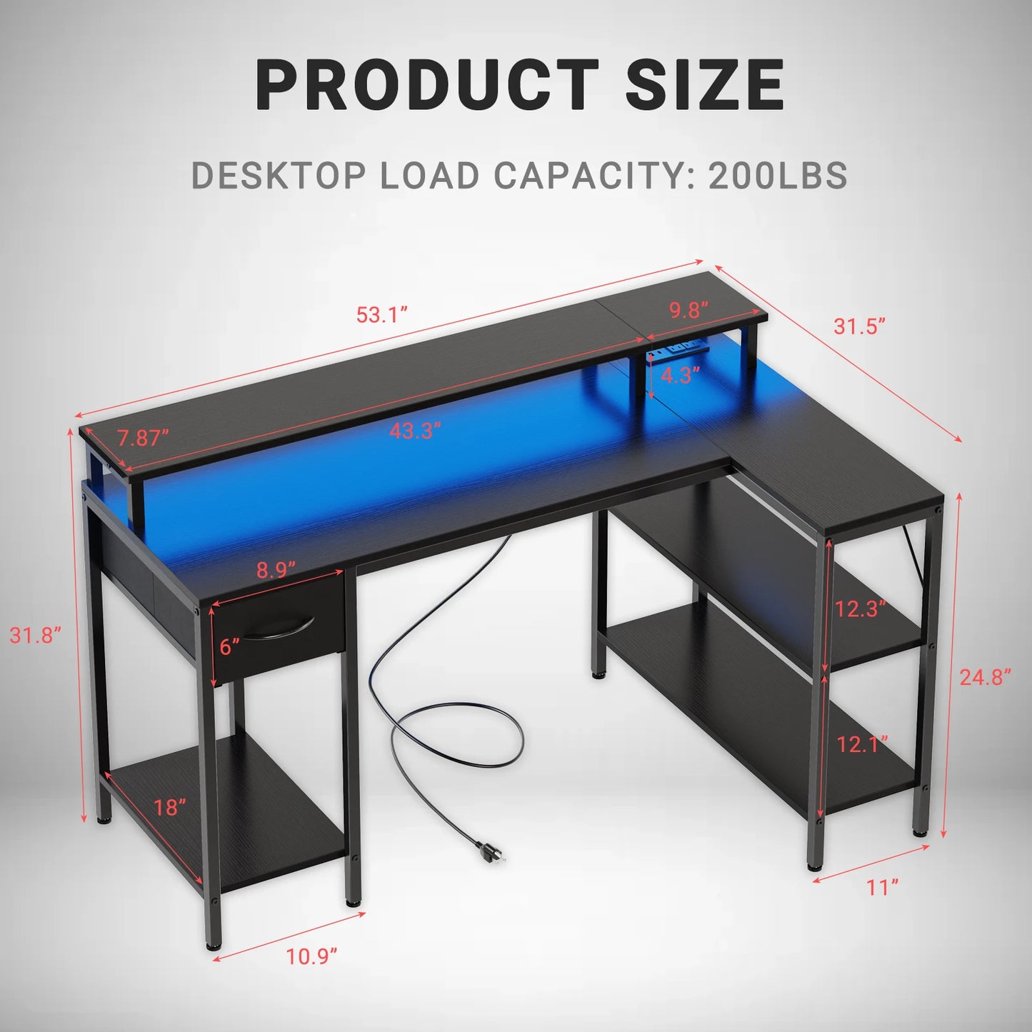 JHK L-Shaped Gaming Desk With USB Ports And LED Illumination