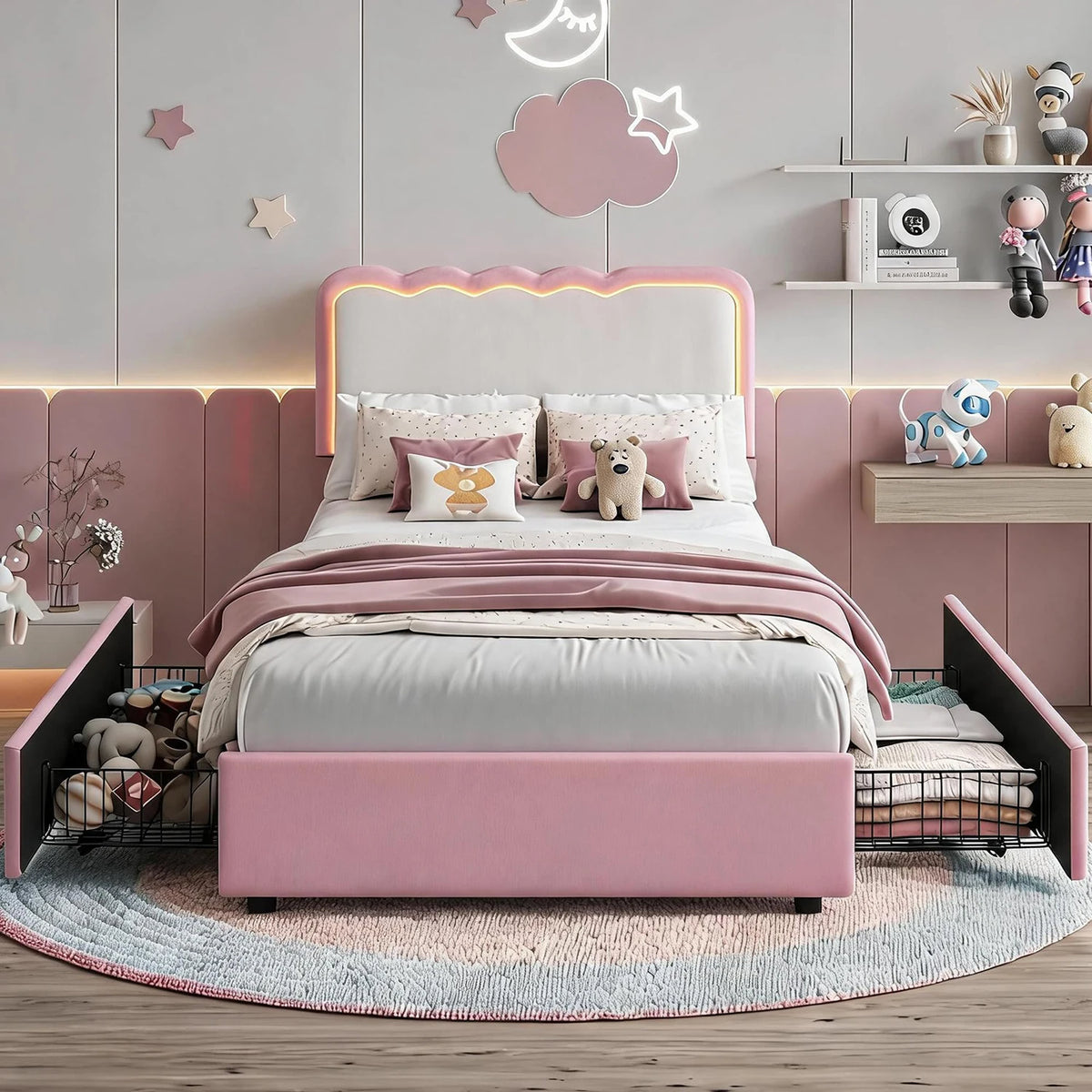 HiMISS LED Velvet Platform Bed With Storage Drawers