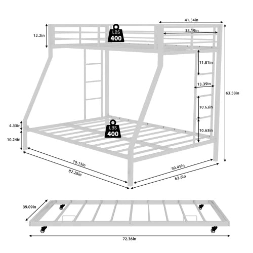 Square Tube Iron Bunk Bed With Ladder And Rolling Trundle