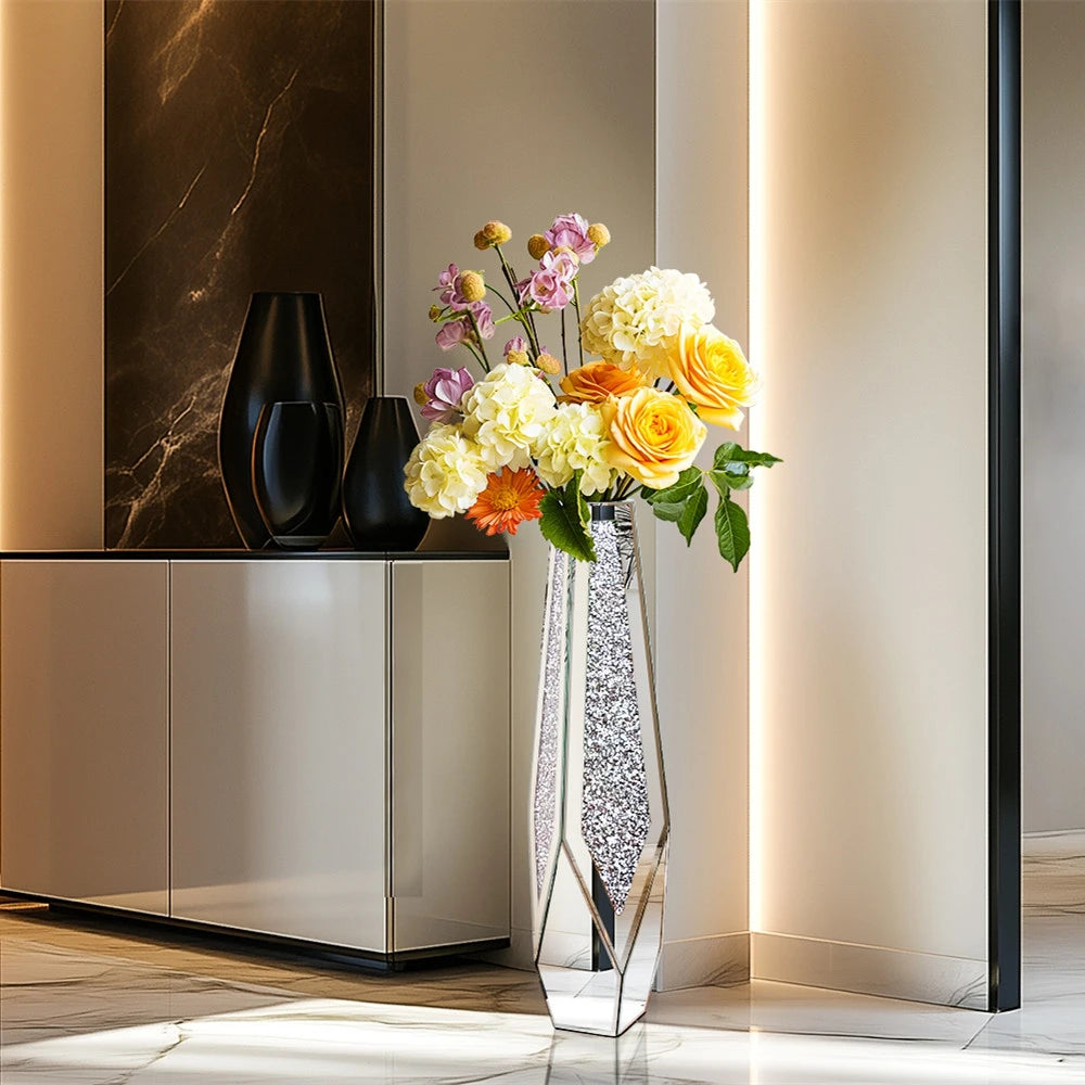 Luxury Crushed Diamond Mirrored Standing Floor Flower Vase