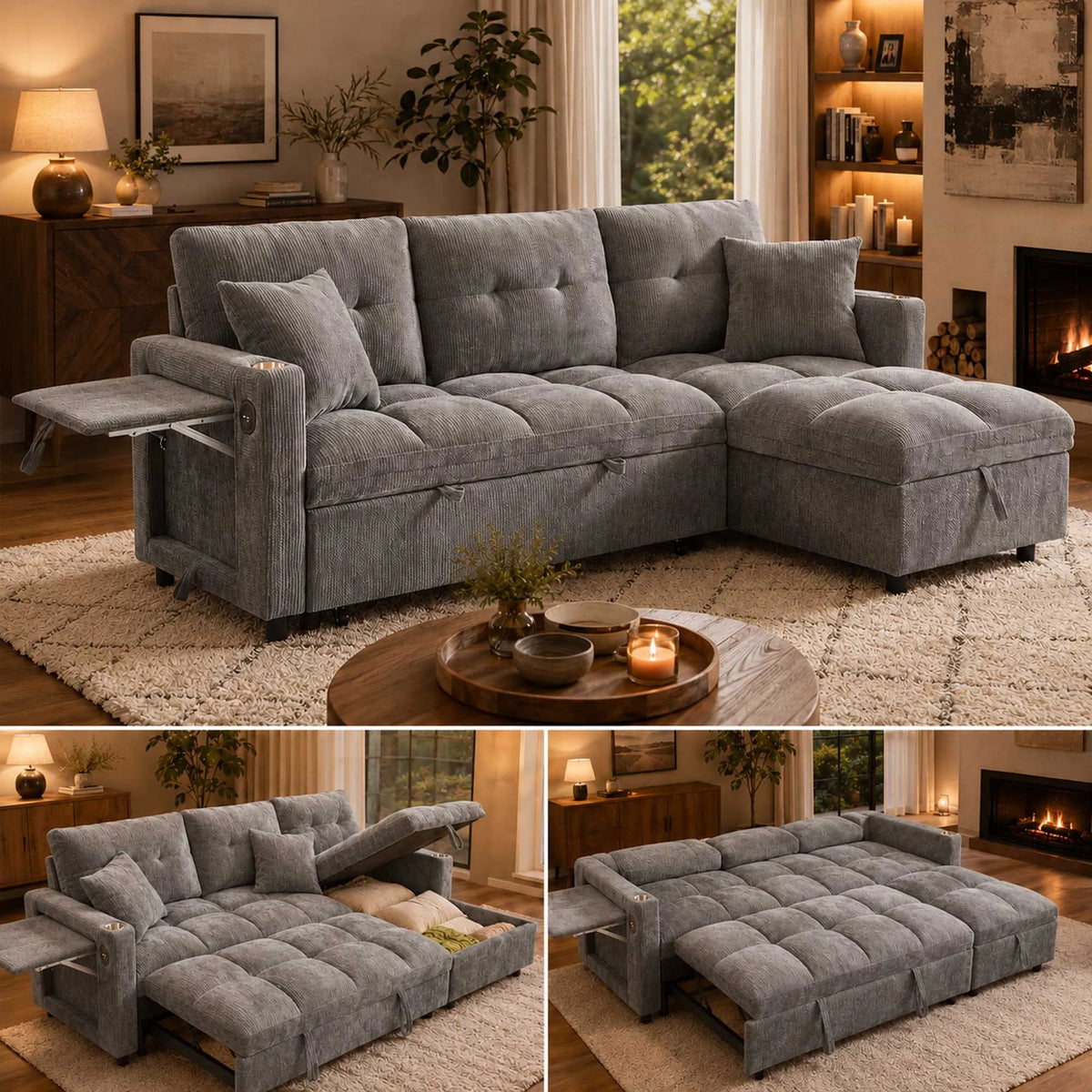 Convertible Sectional Sofa With Pull Out Bed And Storage Chaise