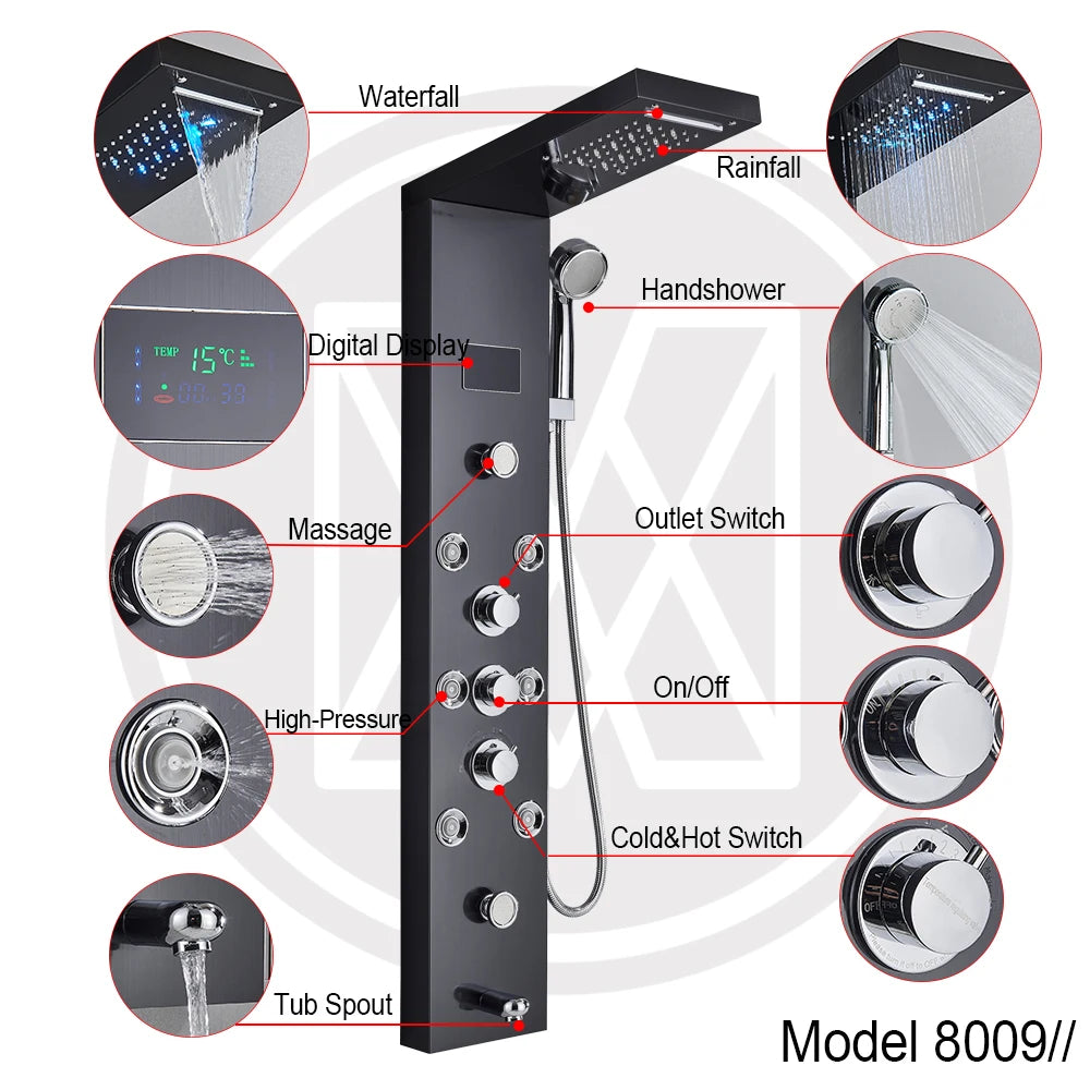 Myqualife Led Digital Shower Panel Tower With Spa Massage Jets