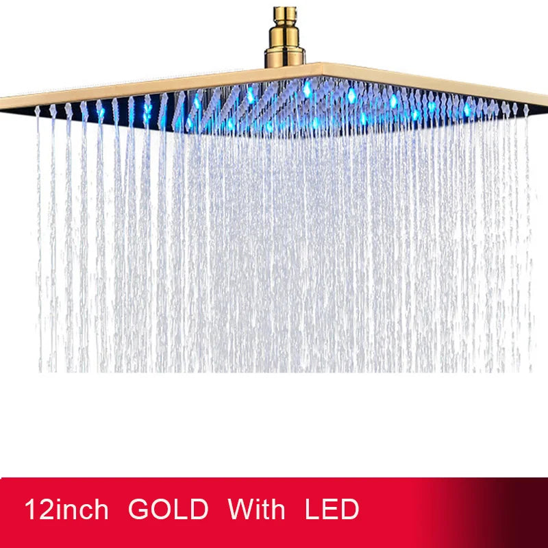 MYQualife LED Rainfall Shower Head Sleek Brass Finish
