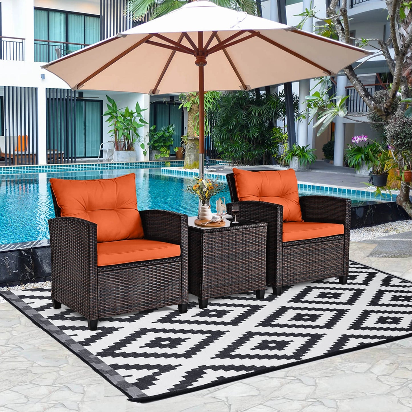 HOMASIS 3-Piece Patio Rattan Conversation Set Cushioned