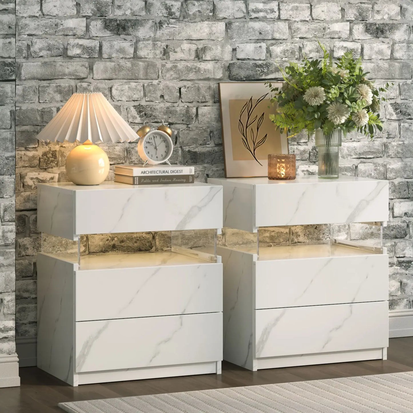 Cubehom Bedside Tables Set With LED Lighting 3 Drawer Nightstands