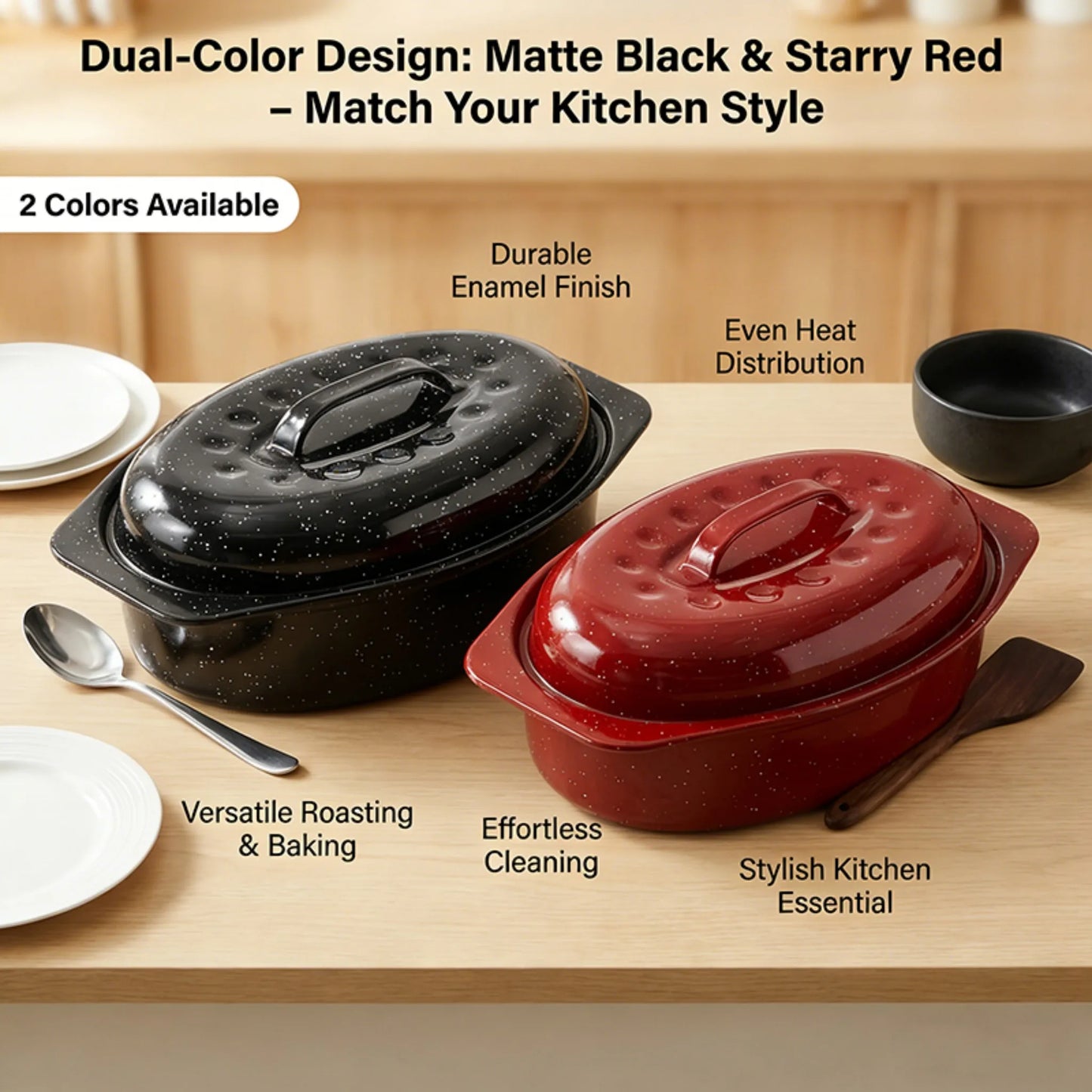 Oval Enamel Steel Roaster With Lid 932 Fahrenheit Heat Resistant
