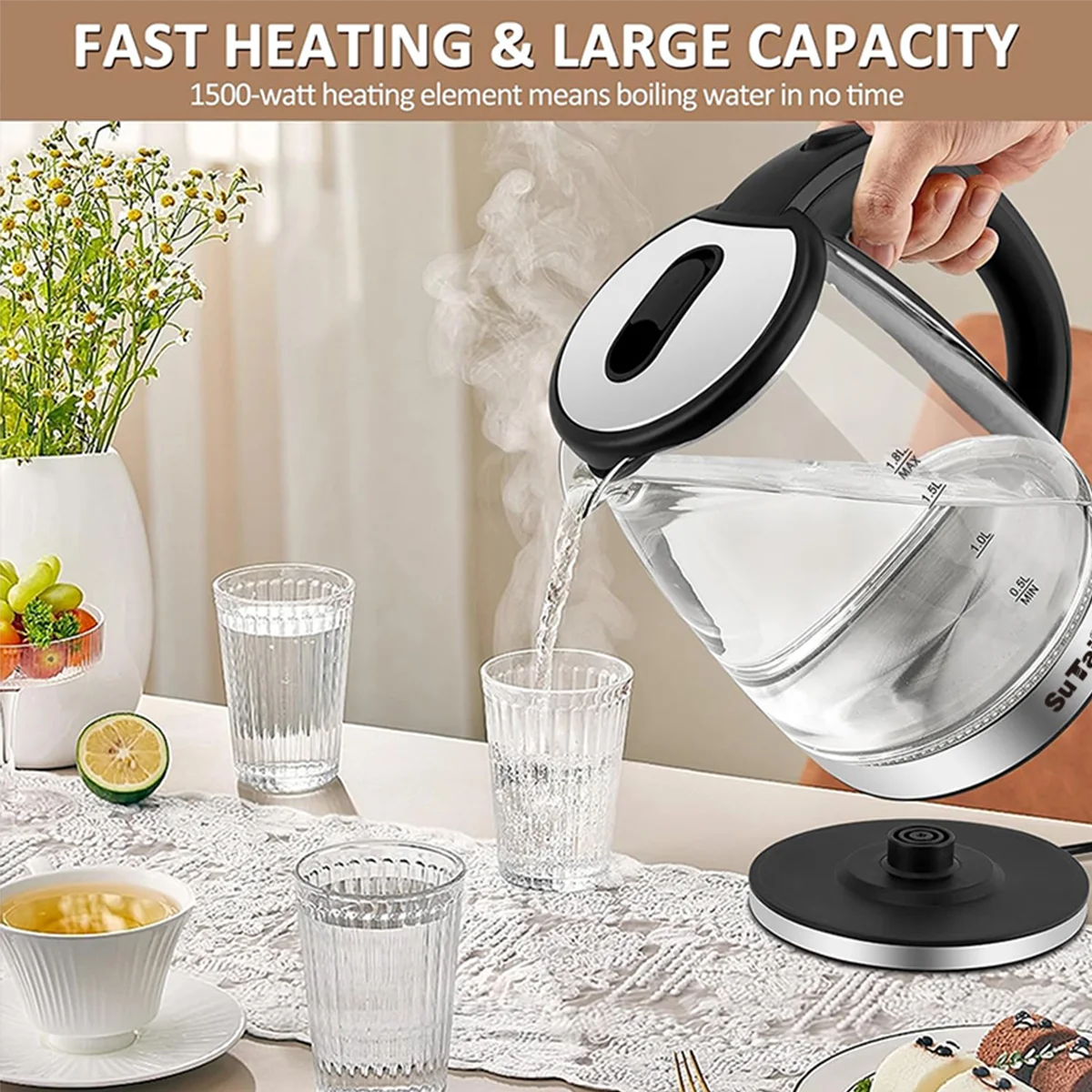 Octavo Electric Water Kettle Featuring Borosilicate Glass And LED Lighting