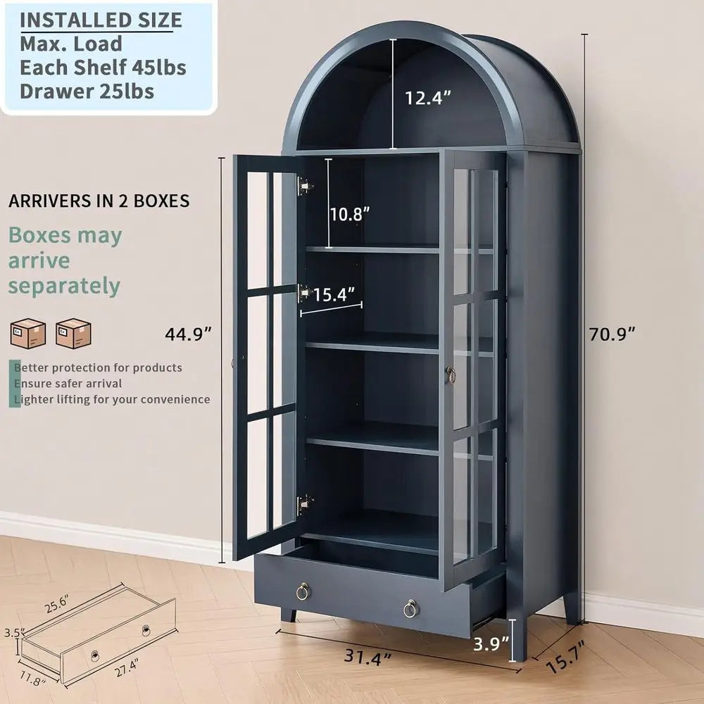 Arched Bamboo Cabinet With Glass Doors And Adjustable Shelves