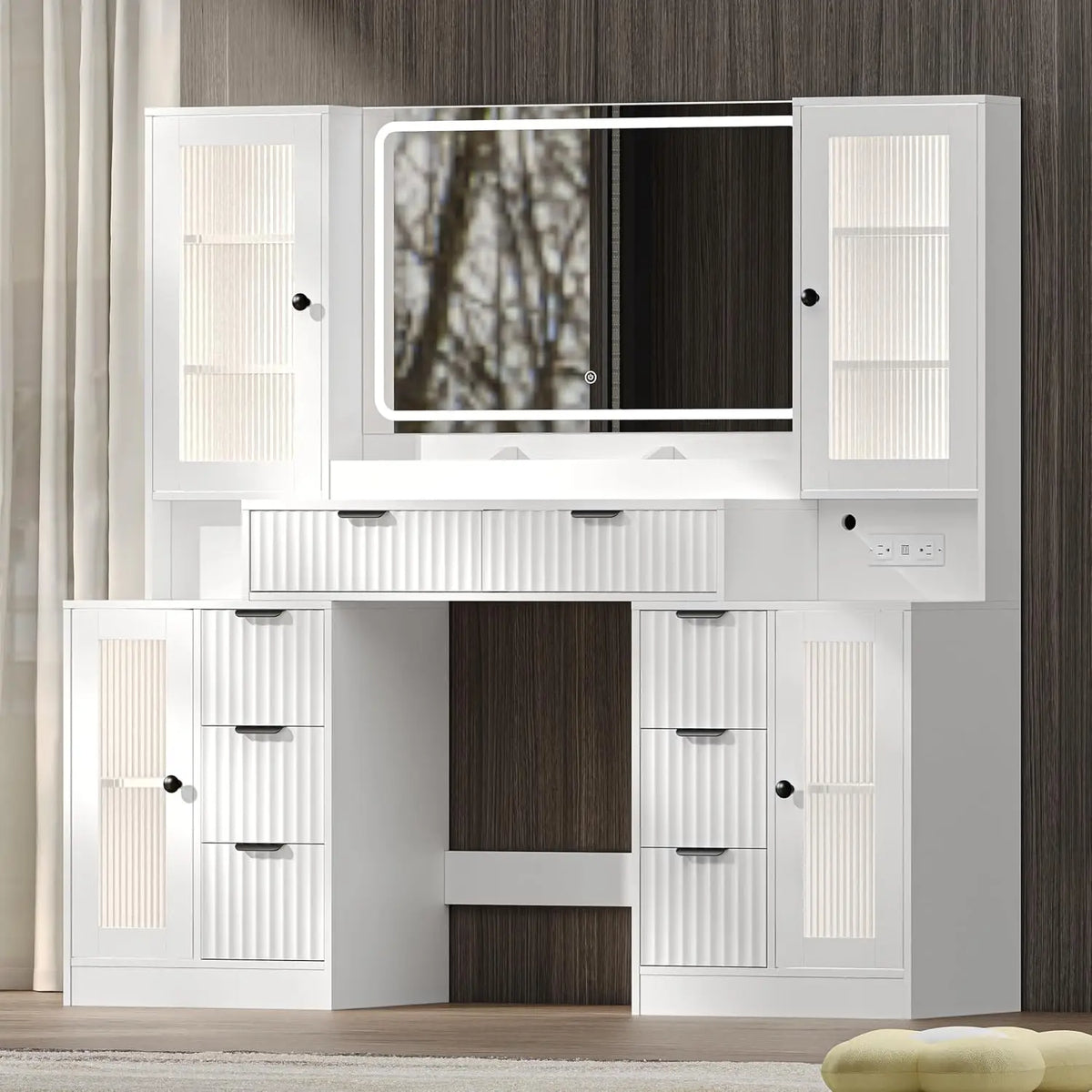 Fluted Makeup Vanity Desk With LED Mirror And Drawers