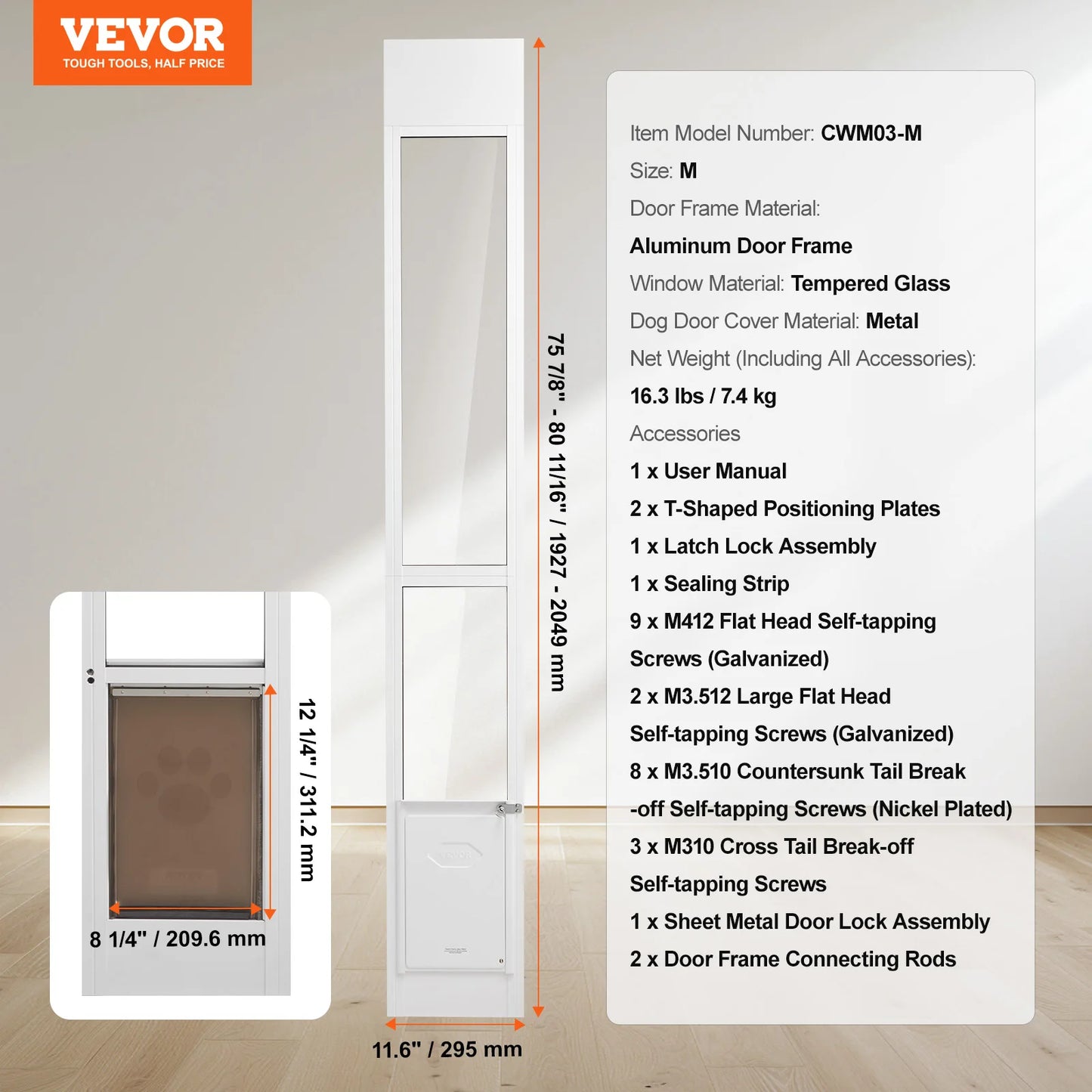 SucceBuy Adjustable Height Sliding Glass Dog Door With Tempered Glass