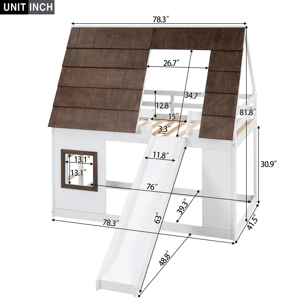 Modern Wood House Bunk Bed With Roof, Ladder And Slide