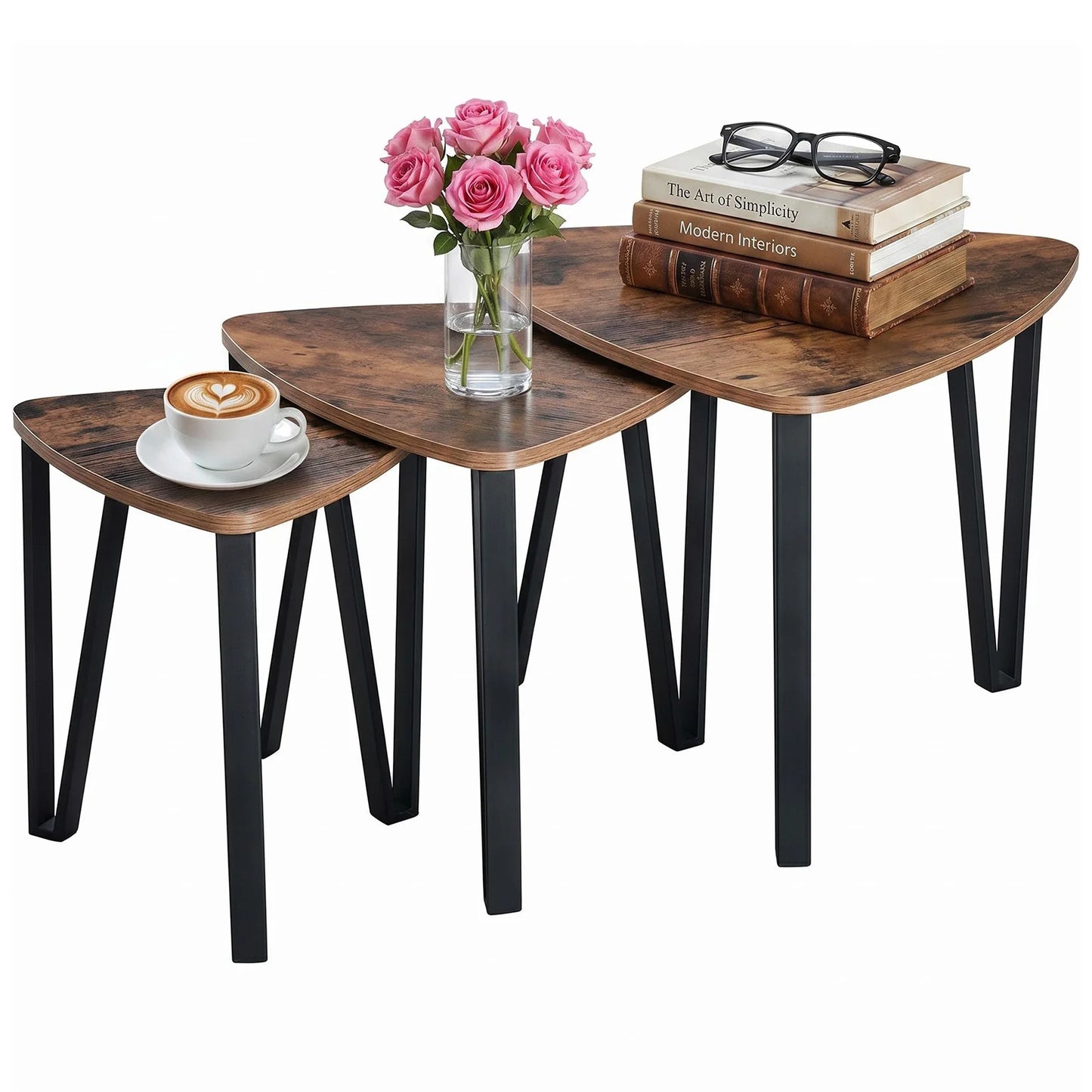 HiMISS Triangle Nesting Coffee Tables Three Piece Set Metal Frames