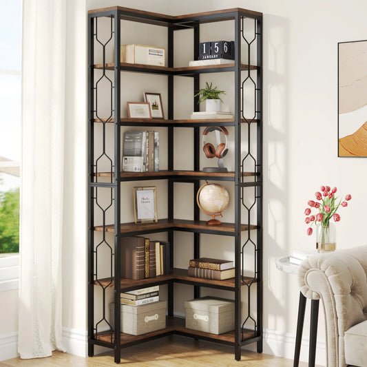 Tribesigns Industrial Corner Bookshelf Wood Metal Display Shelf