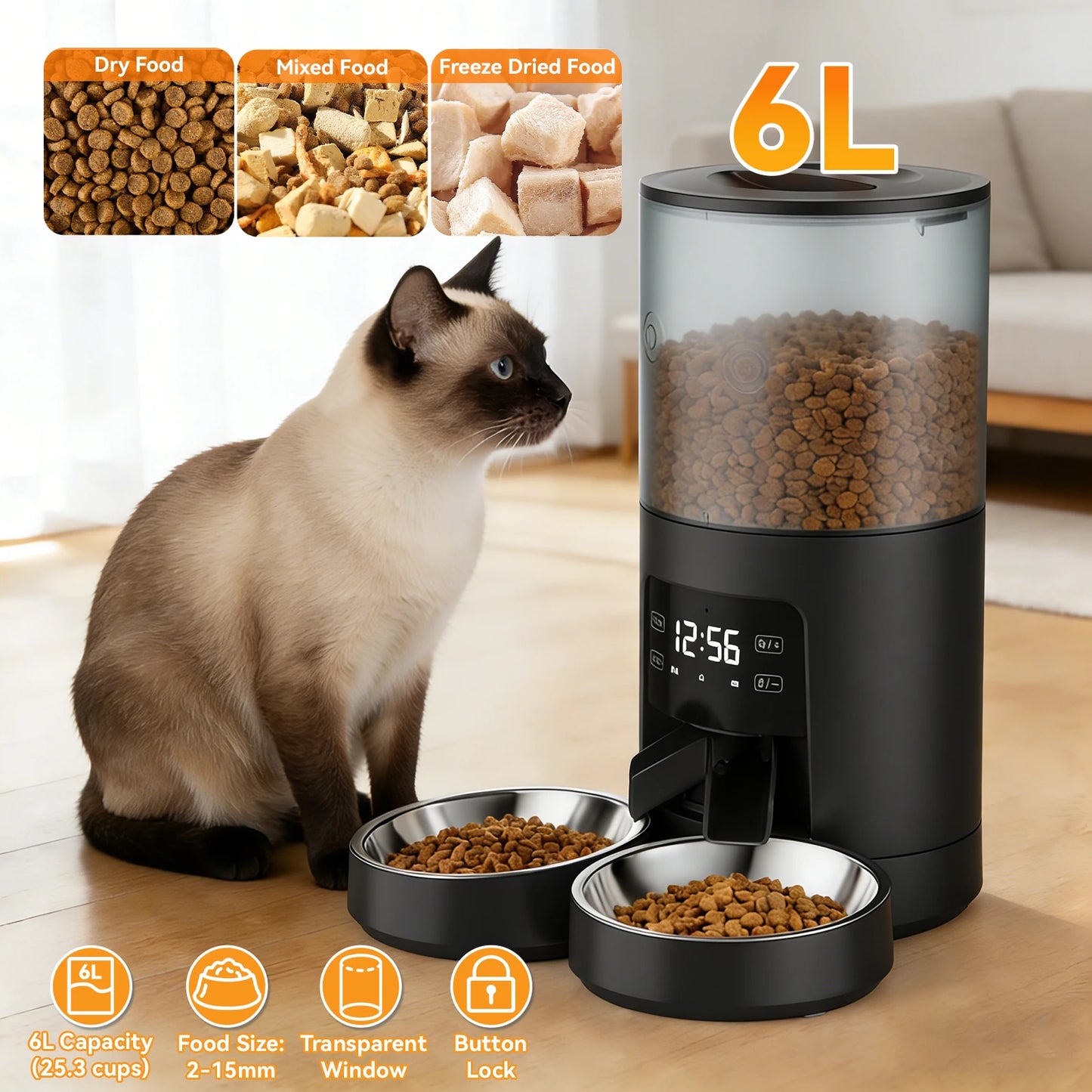 6L Automatic Cat Feeder With Dual Stainless Bowls And Timer