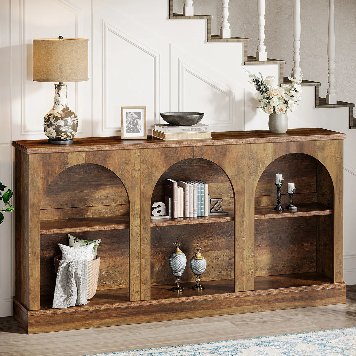 Tribesigns Farmhouse Wooden Console Table With Three Tier Storage Shelf