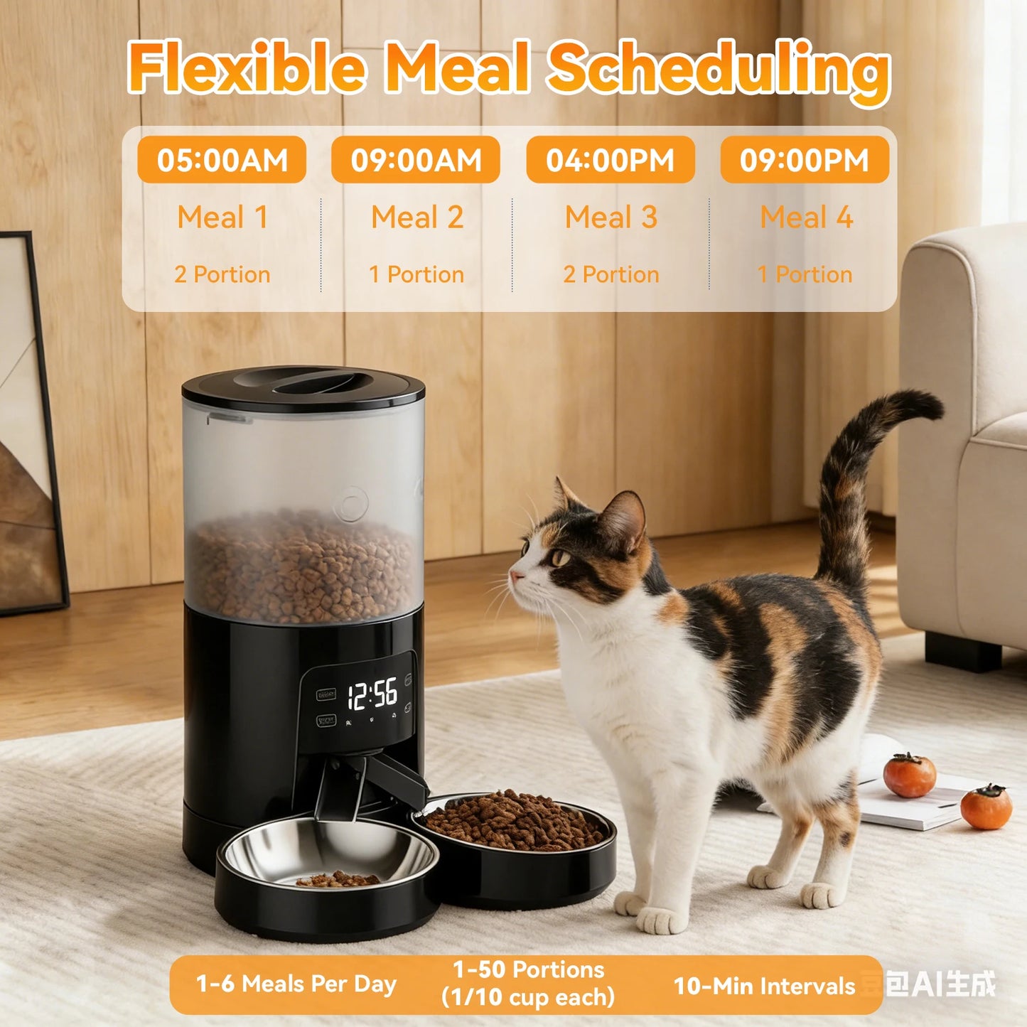 6L Automatic Cat Feeder With Dual Stainless Bowls And Timer