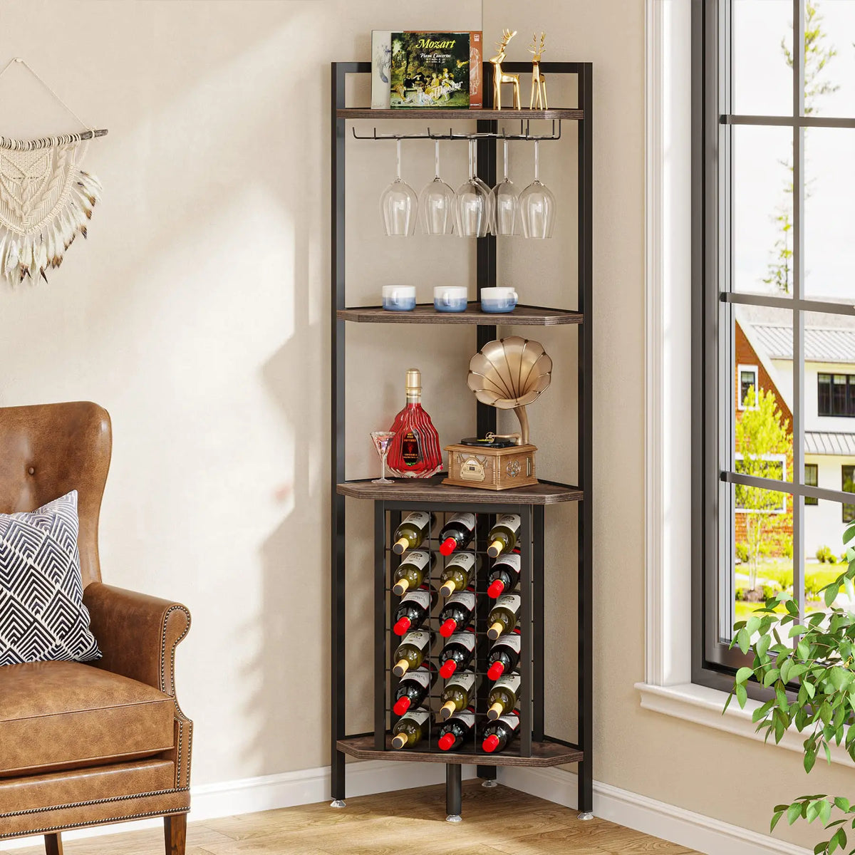 Tribesigns Modern Wooden Wine Rack Bar Cabinet With Glass Holder