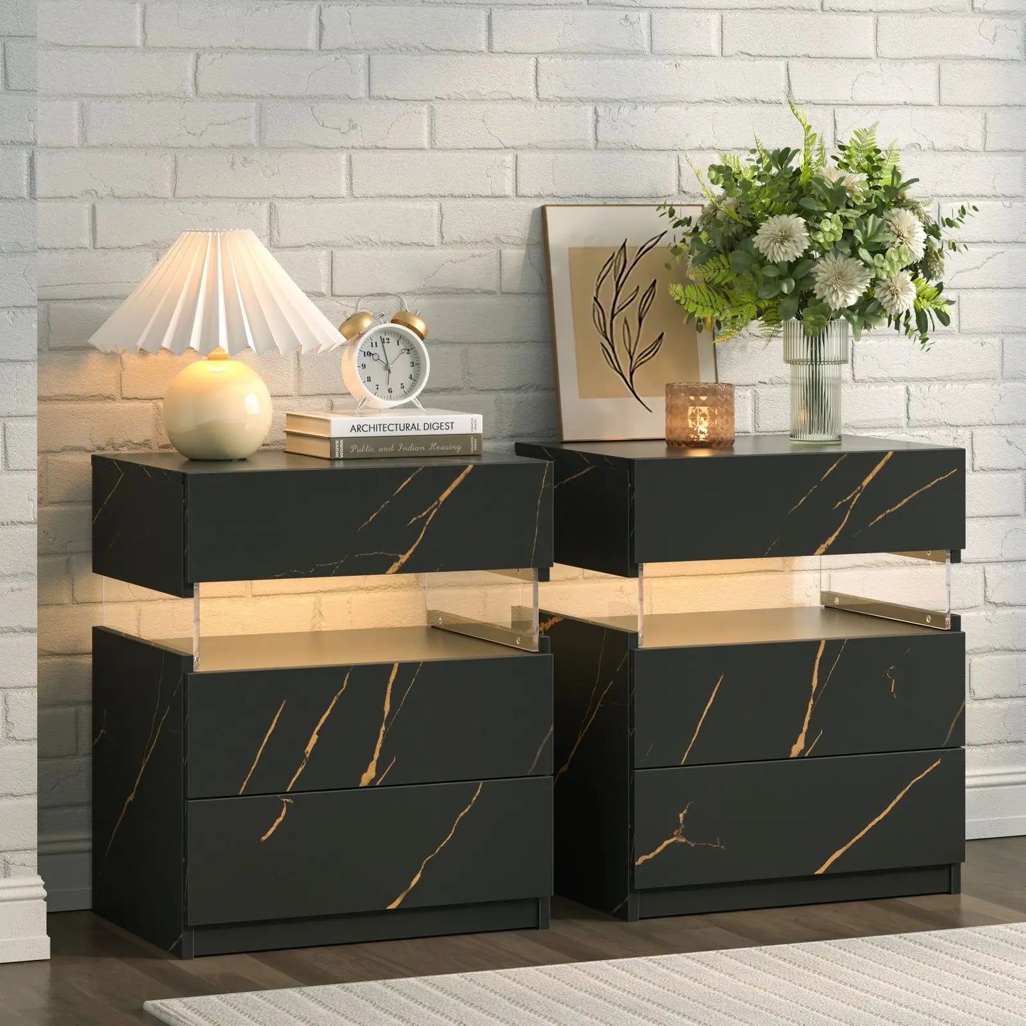 Cubehom Bedside Tables Set With LED Lighting 3 Drawer Nightstands