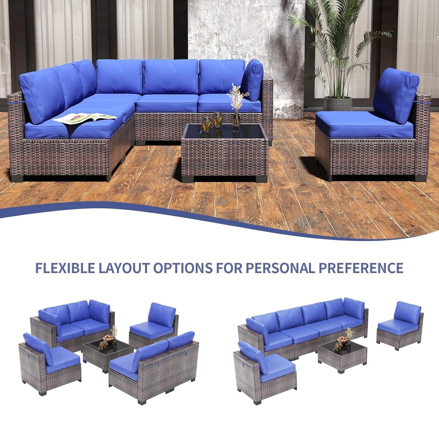 HobbyLane 7-Piece Modular Outdoor Furniture Set PE Rattan Wicker Balcony