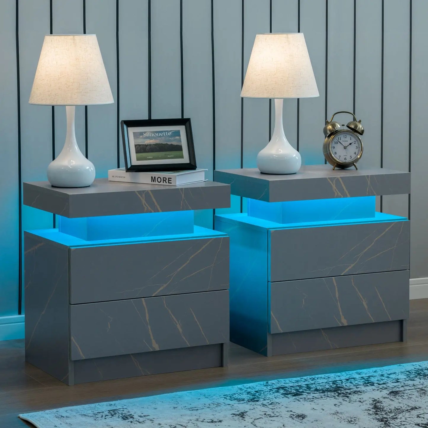 Cubehom Set Of 2 LED Nightstands With Drawers For Bedroom