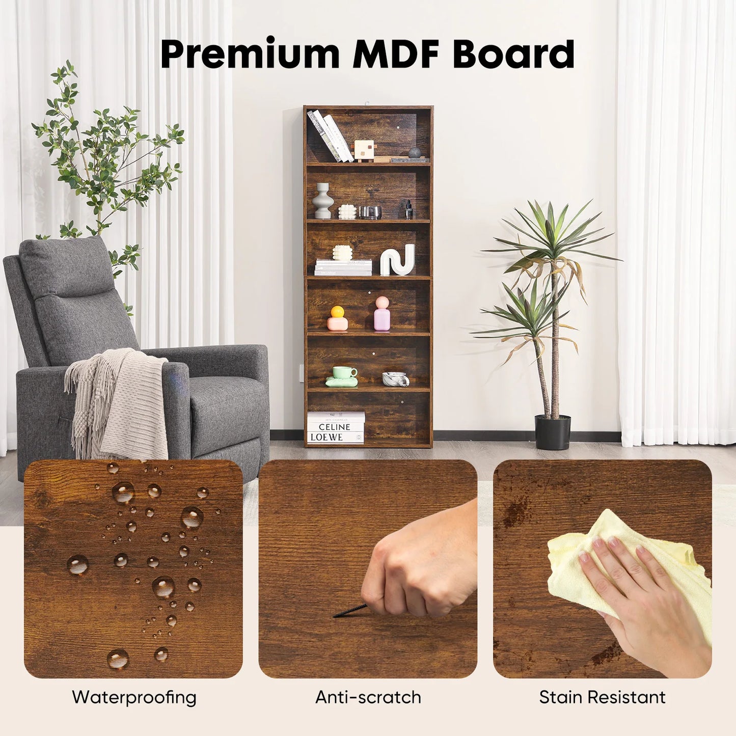 JHK 6 Tier Wooden Floor Standing Bookcase For Living Room