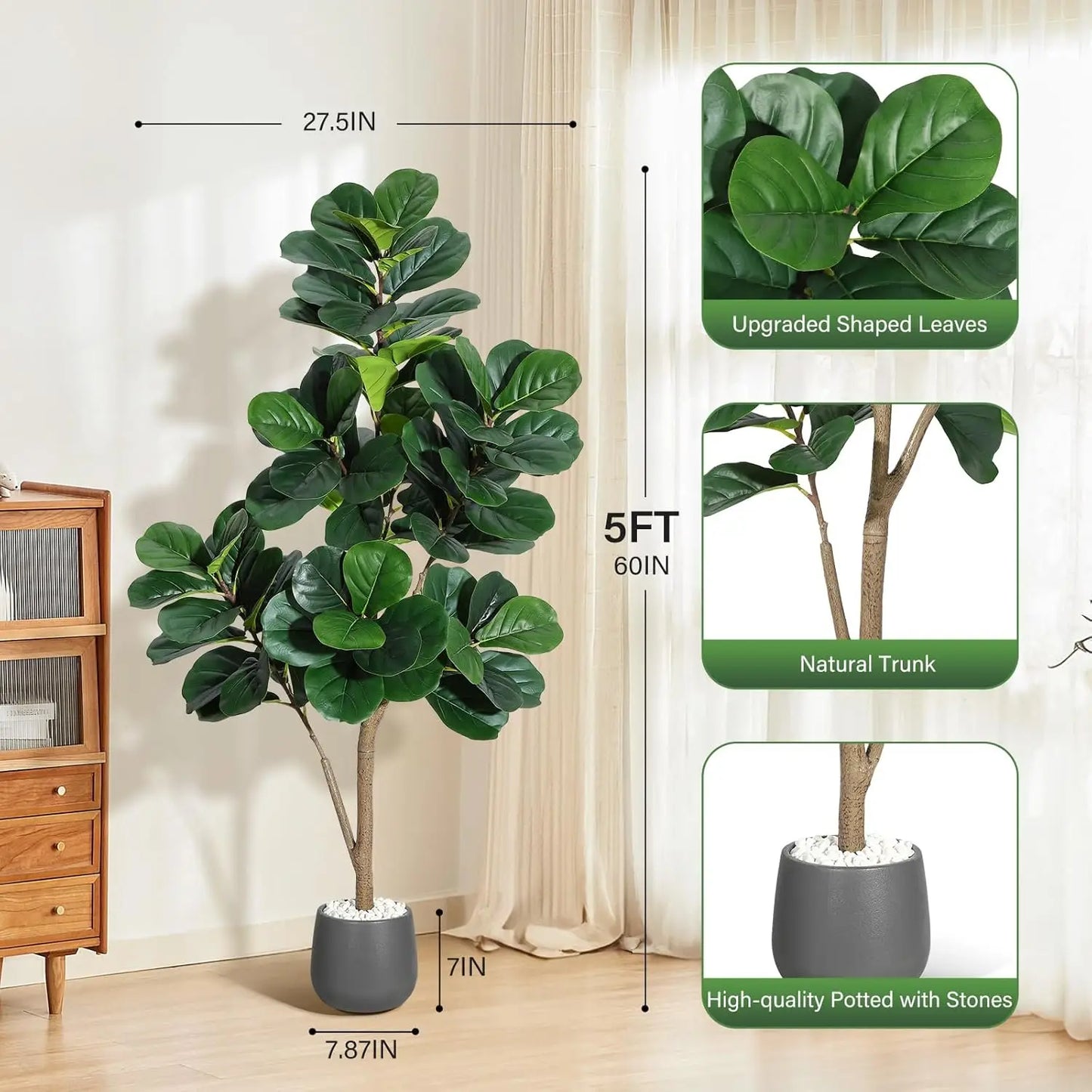 HiMISS Artificial Fiddle Leaf Fig Tree Realistic Leaves Planter Pot