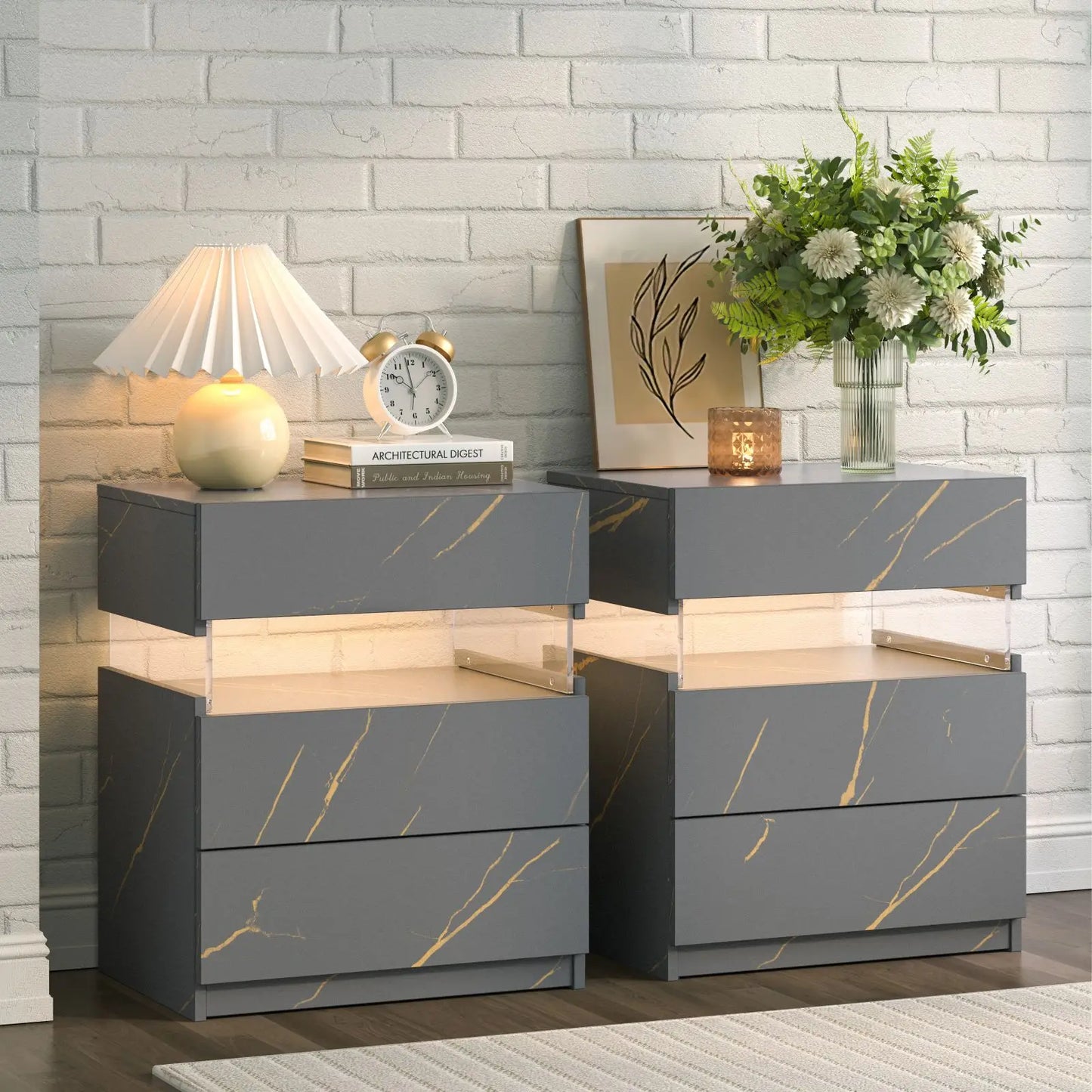 Cubehom Bedside Tables Set With LED Lighting 3 Drawer Nightstands