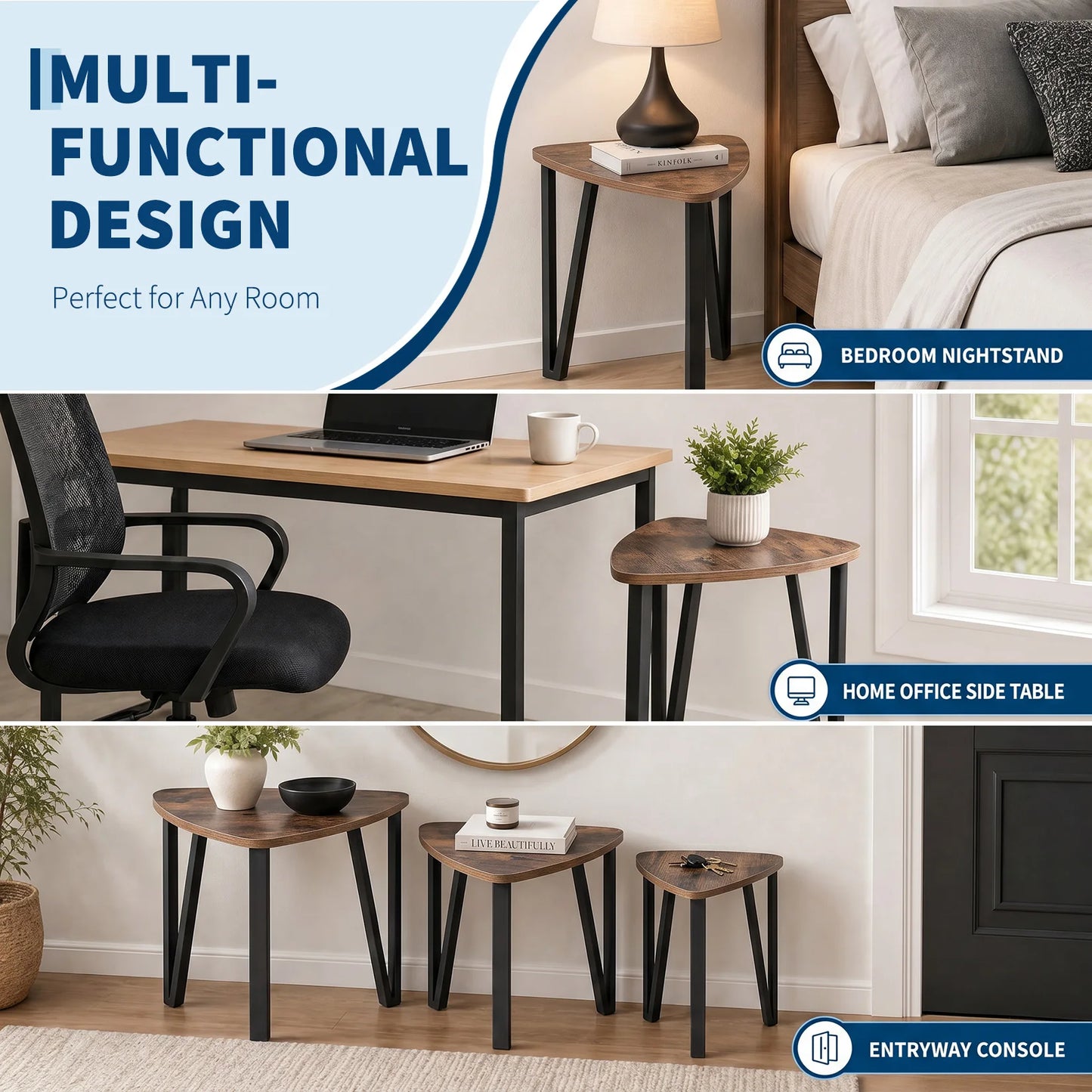 HiMISS Triangle Nesting Coffee Tables Three Piece Set Metal Frames
