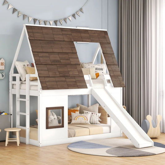 Modern Wood House Bunk Bed With Roof, Ladder And Slide