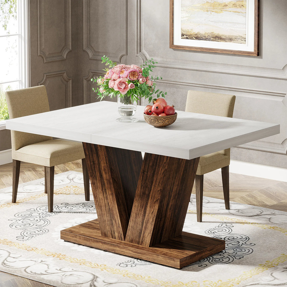 Tribesigns Wooden Farmhouse Dining Table With Heavy Duty Pedestal