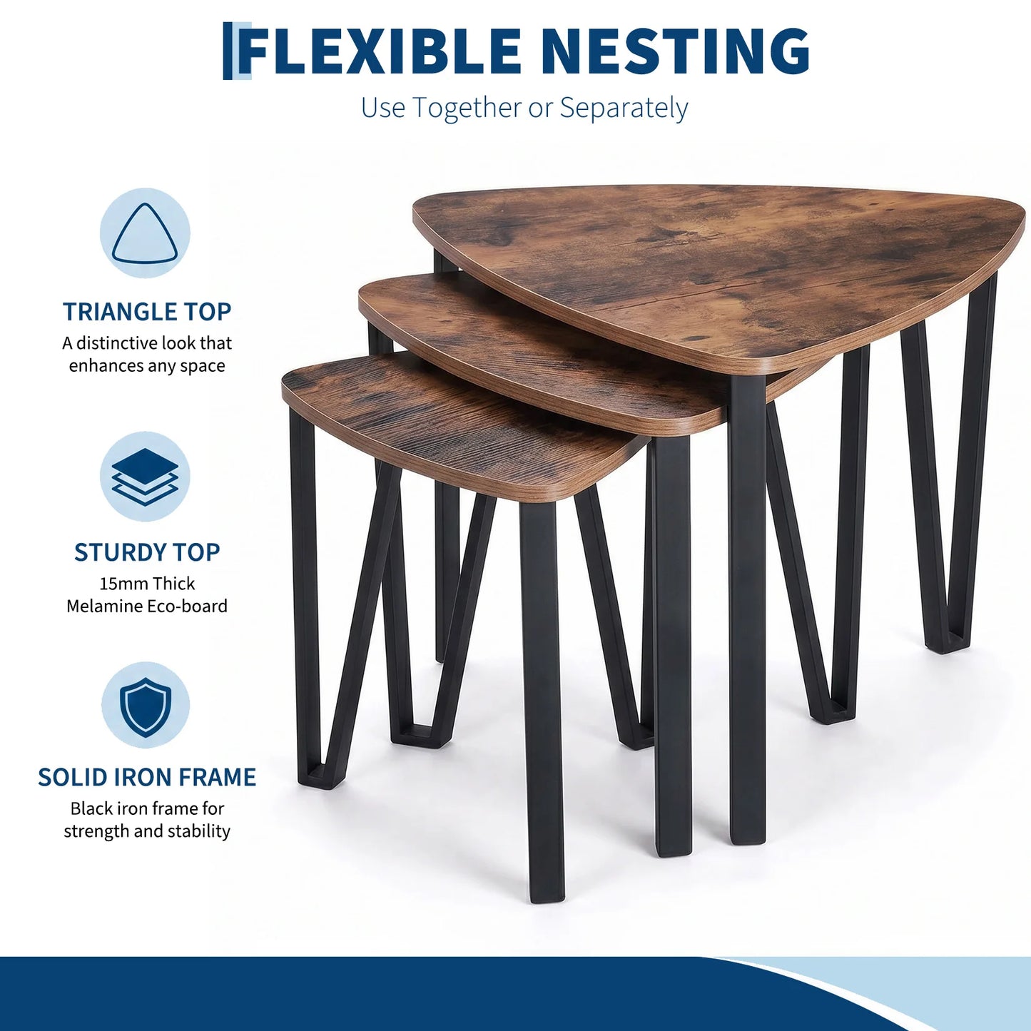 HiMISS Triangle Nesting Coffee Tables Three Piece Set Metal Frames