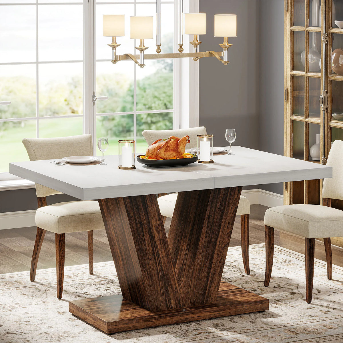Tribesigns Wooden Farmhouse Dining Table With Heavy Duty Pedestal
