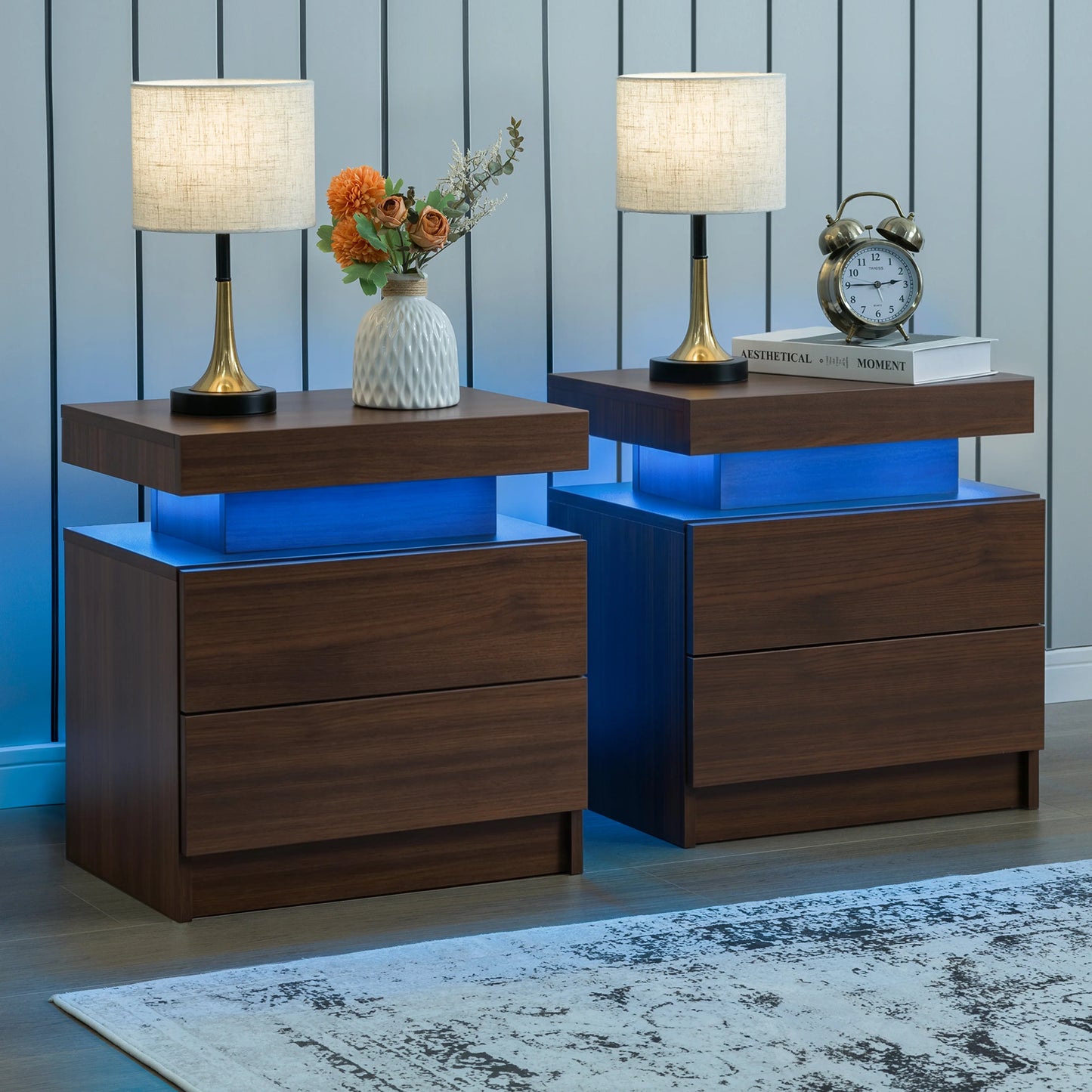 Cubehom Set Of 2 LED Nightstands With Drawers For Bedroom