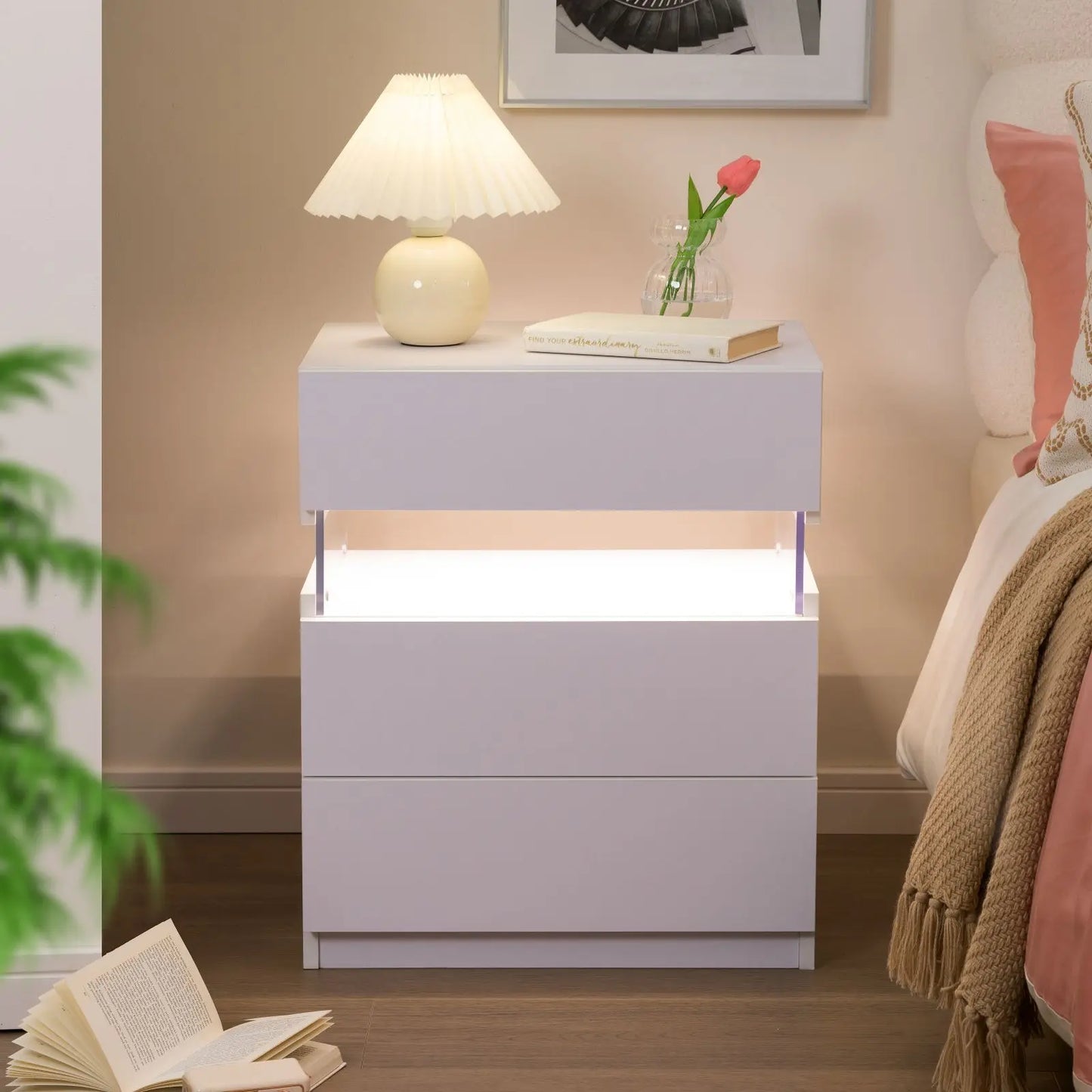 Cubehom Bedside Tables Set With LED Lighting 3 Drawer Nightstands