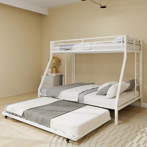 Square Tube Iron Bunk Bed With Ladder And Rolling Trundle