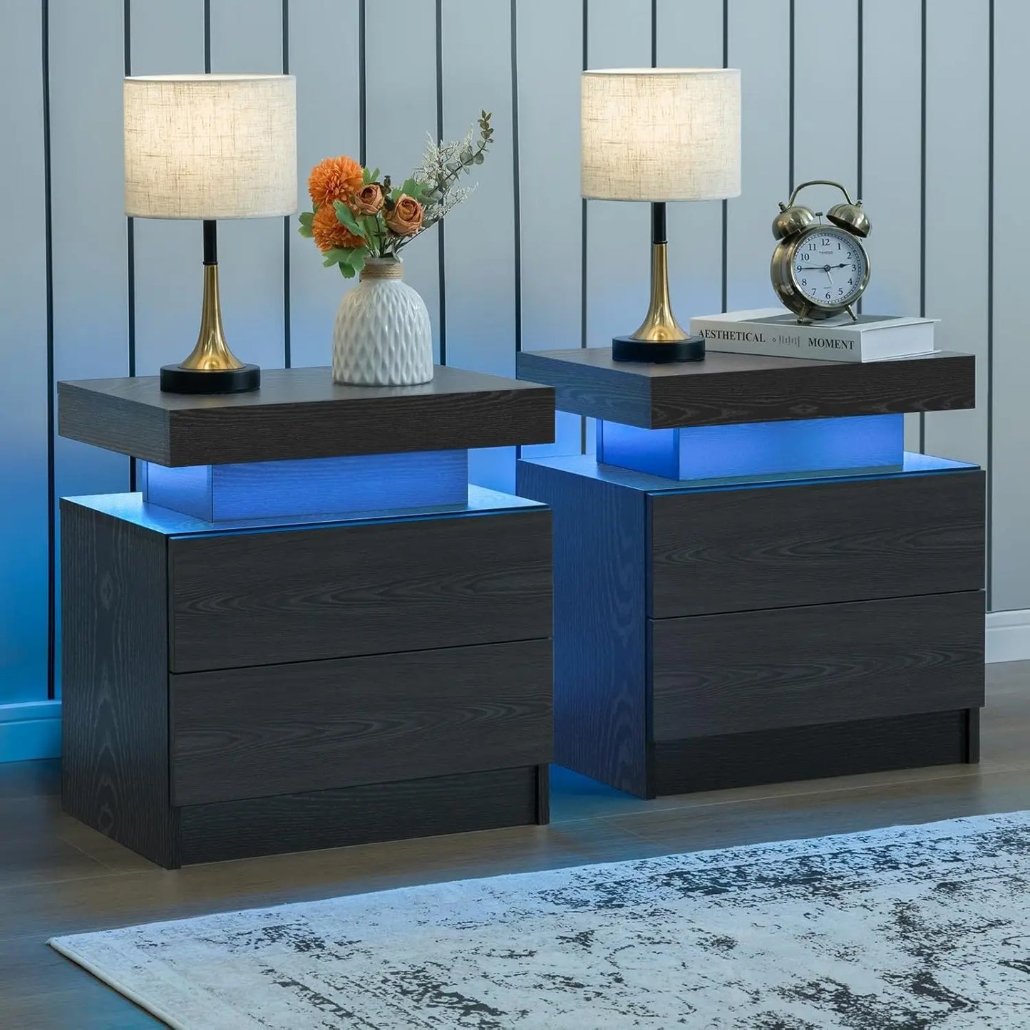 Cubehom Set Of 2 LED Nightstands With Drawers For Bedroom