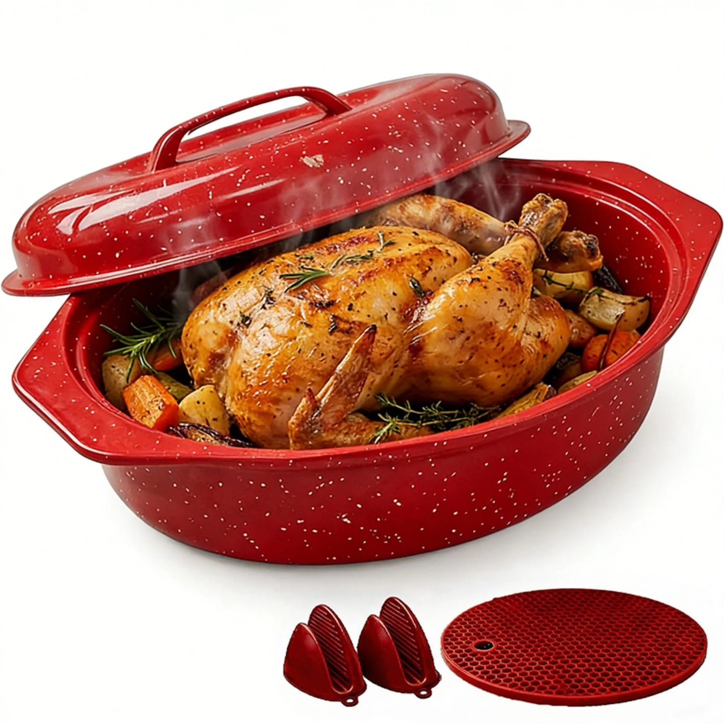 Oval Enamel Steel Roaster With Lid 932 Fahrenheit Heat Resistant
