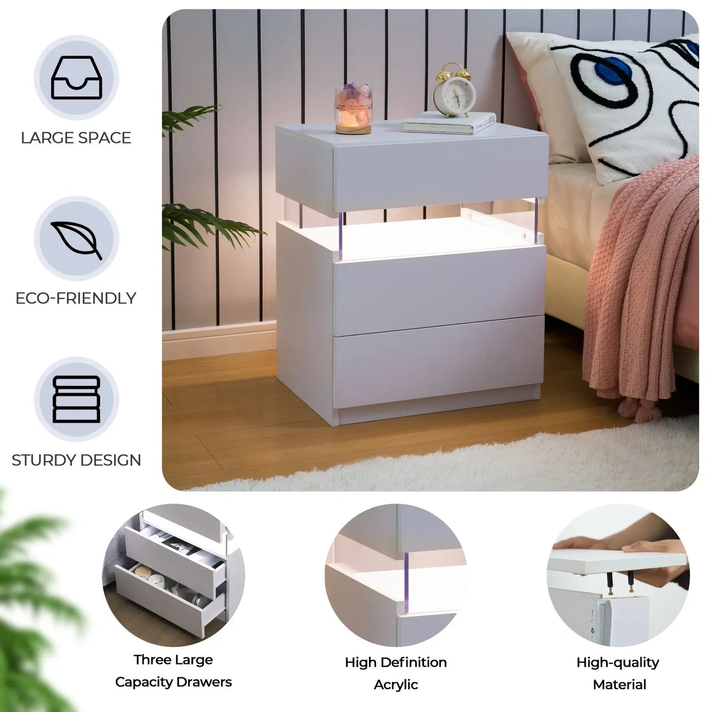 Cubehom Bedside Tables Set With LED Lighting 3 Drawer Nightstands