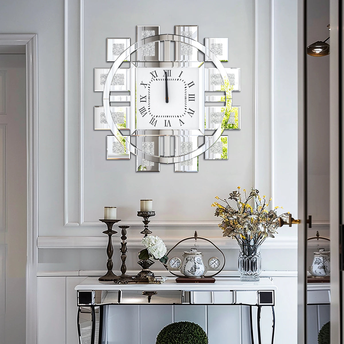Crushed Diamond Mirror Wall Clock With Roman Numerals And Quartz Movement