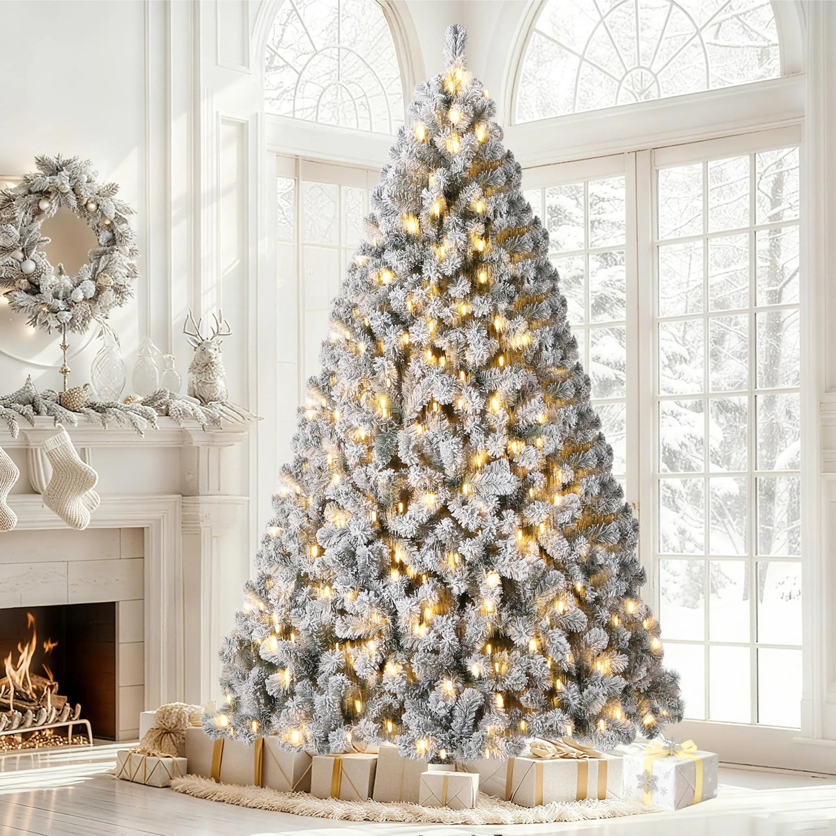Snow Flocked Artificial Christmas Tree With Warm White LED Lights