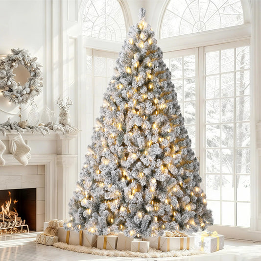 Snow Flocked Artificial Christmas Tree With Warm White LED Lights