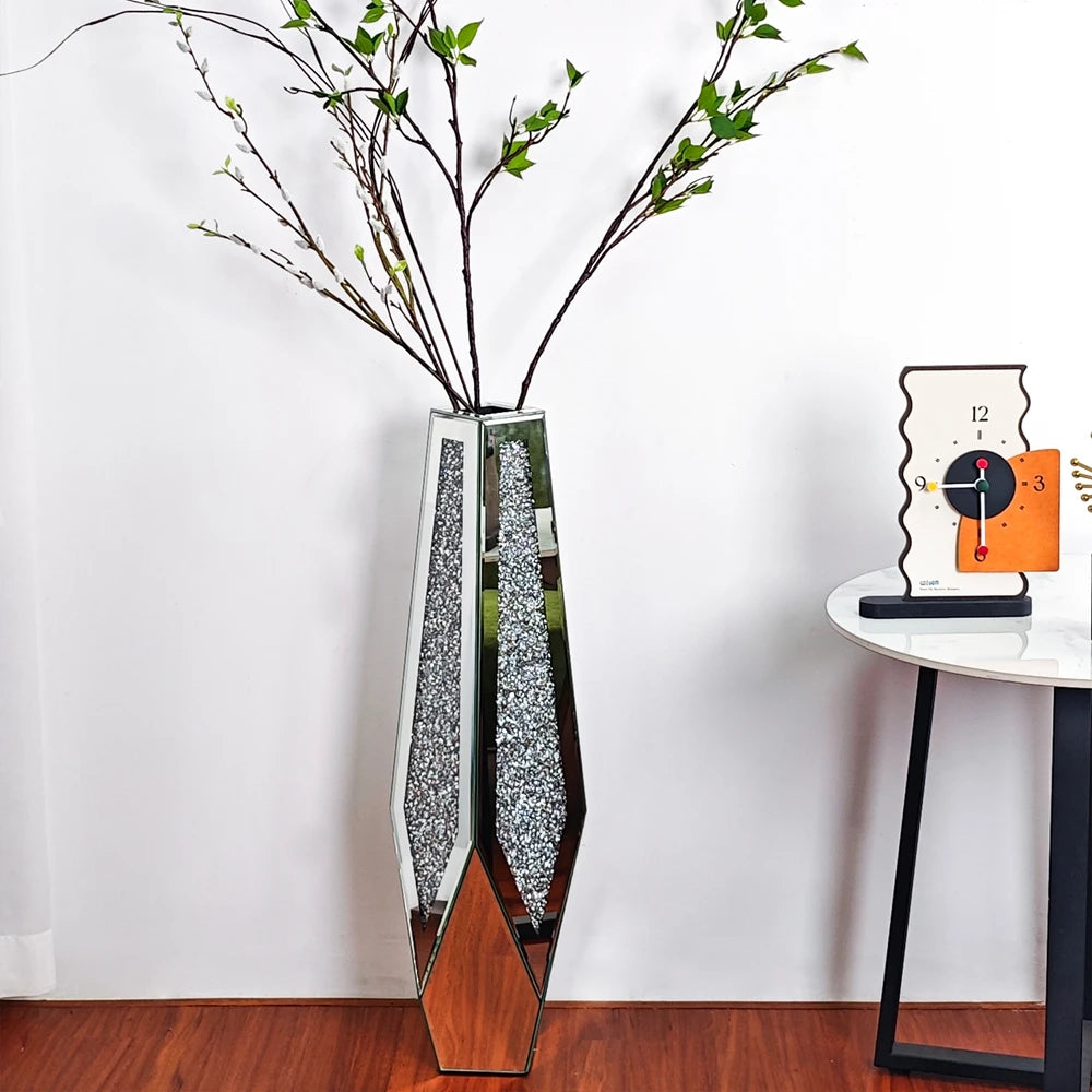 Luxury Crushed Diamond Mirrored Standing Floor Flower Vase