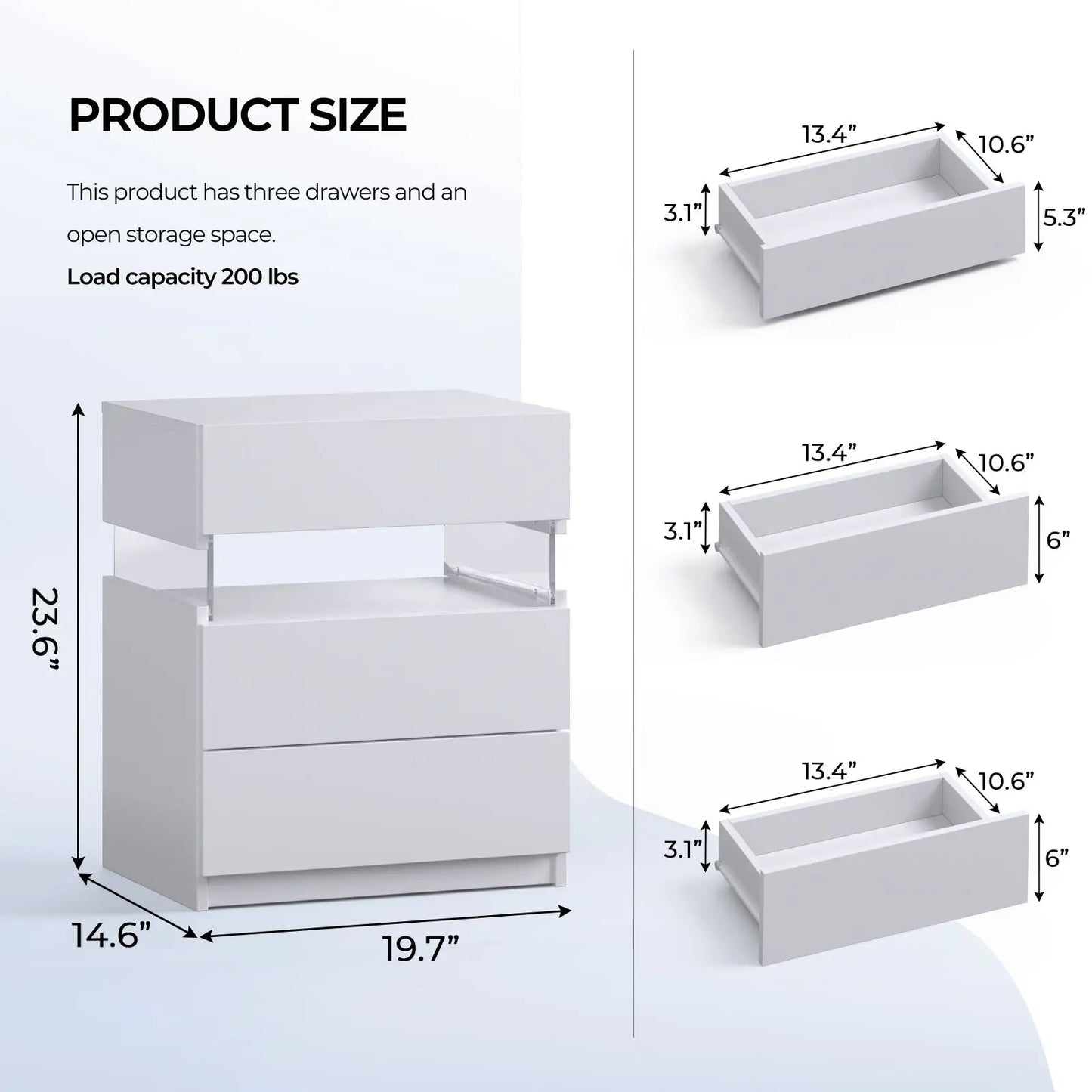 Cubehom Bedside Tables Set With LED Lighting 3 Drawer Nightstands