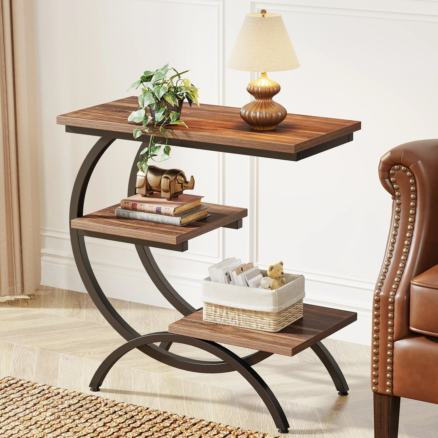 Tribesigns C Shaped End Table With 3 Tier Storage Shelves