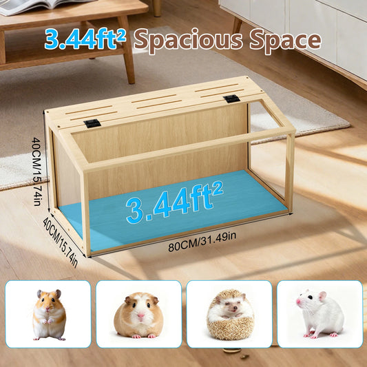 Wooden Hamster Habitat Cage With Clear Glass And LED Lighting