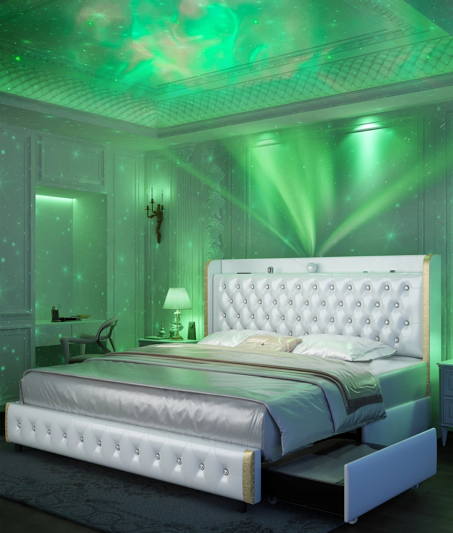 GEGOFORU Queen LED Bed Frame With Galaxy Projector And Bluetooth 4 Drawers